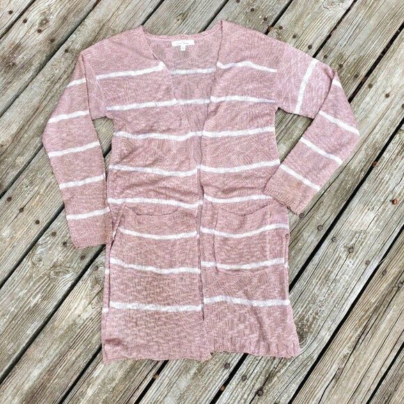 Love Tree Womens Sz Large Long Cardigan Dusty Rose White Stripes - Picture 1 of 8